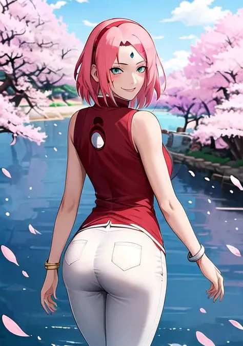 masterpiece, absurdres ,1girl, haruno sakura,forehead mark, red hairband, red sleeveless dress,bracelet, from behind, white pants, (uchiha crest), looking at viewer, outdoor, cherry blossoms, floating hair, smile, cowboy shot, liptsck