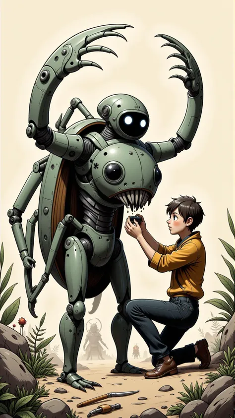 A cyborg kneeling to repair his loyal mechanical beetle.