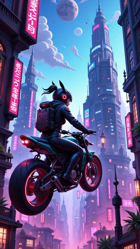 A neon-drenched cybernetic geisha hacking into a corporate skyscraper's mainframe from a gravity-defying hoverbike above a futuristic metropolis.