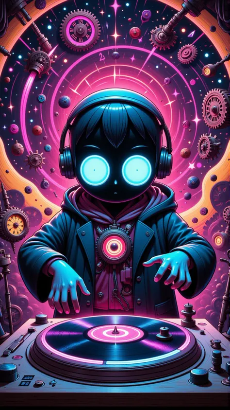 A neon-drenched Chrono DJ spinning a temporal vinyl on a gravity-defying turntable amidst a swirling vortex of clockwork gears and stardust in a mystical rave hidden within the fabric of time.