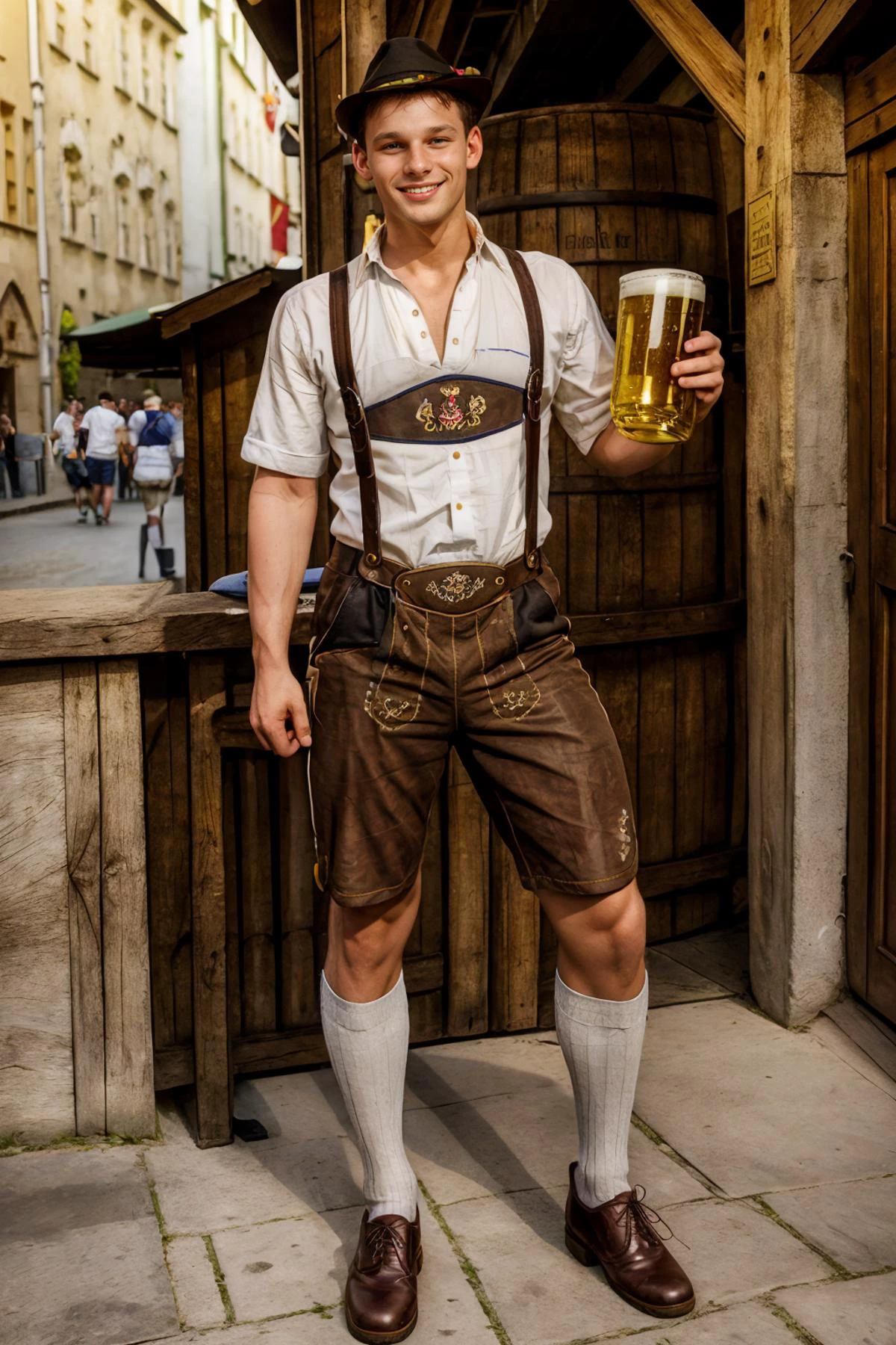 Czech beer festival, medieval architecture, smiling, standing, RyanKutcher, wearing l3denh0sen, suspenders, shorts, hat with feather, socks, shoes, holding beer, (((full body portrait))), wide angle <lora:RyanKutcher:0.8> <lora:Clothing - Sexy Ledenhosen:0.7>