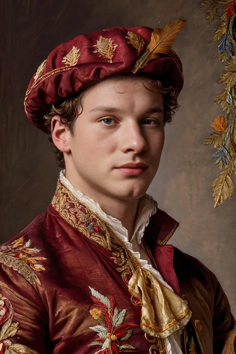 style of Jean-Antoine Watteau, portrait of (RyanKutcher) is a Bohemian nobleman, wearing (red and gold embroidered clothes:1.3), beret with a feather, mehe, (medium body portrait:1.3), <lora:RyanKutcher:0.8>   <lora:Medieval_Headwear:0.35> <lora:tbh124-:0.5>