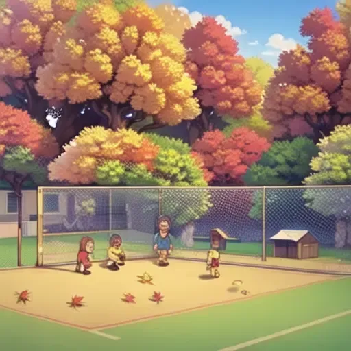 Autumn, golden plants, maple trees, falling maple leaves, blue sky without clouds, school playground, football, students, plastic running track, (classroom), outdoor,