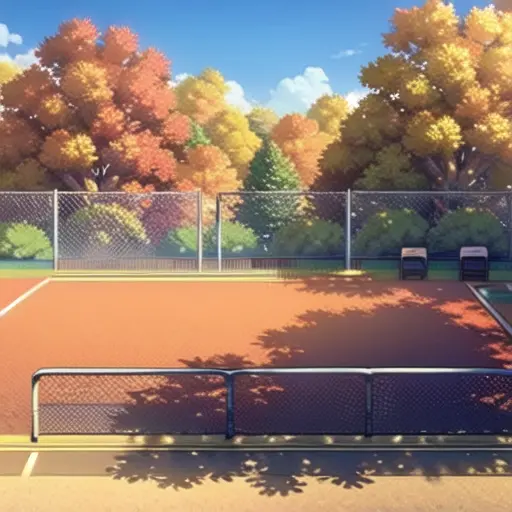Autumn, golden plants, maple trees, falling maple leaves, blue sky without clouds, school playground, football, students, plastic running track, classroom, outdoor,
