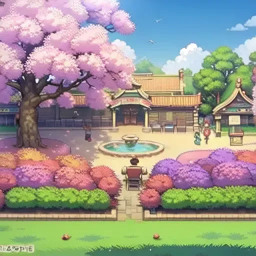 masterpiece, best quality,(Frontal angle:1.5),(clear and clean screen),Pixel Style,(Park:1.2), Lawn, Sky,fountain,(Spring cherry blossoms dancing:1.5)(The children are flying kites:2),(The central fountain is spraying water:1.5), grass, potted_plant, tree, tree_shade, (Sakura petals falling from the cherry tree:2.0)
