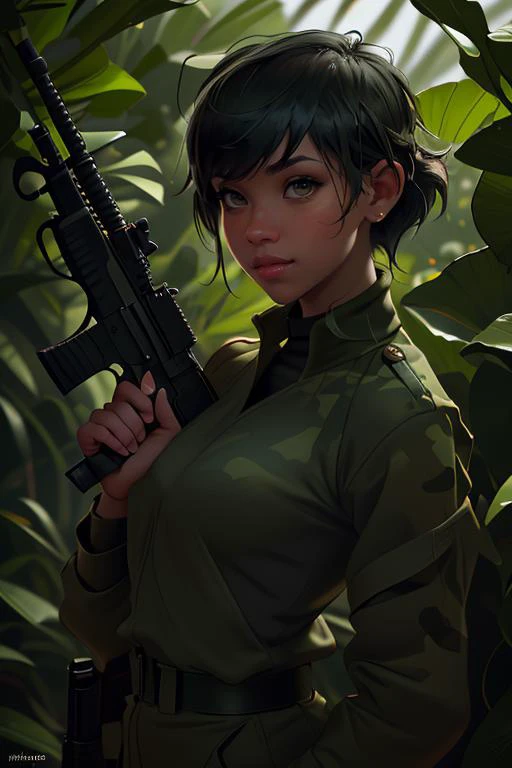 Merger_marupe_sash,
(a (soldier:1.1) in the jungle on manoeuvrers wearing (army fatigues:1.2) and holding a rifle, (camouflage:1.2), military, uniform, military, camouflage uniform:1.2),
bokeh, f1.4, 40mm, photorealistic, raw, 8k, textured skin, skin pores, intricate details <lora:epi_noiseoffset2:1>, epiCRealism