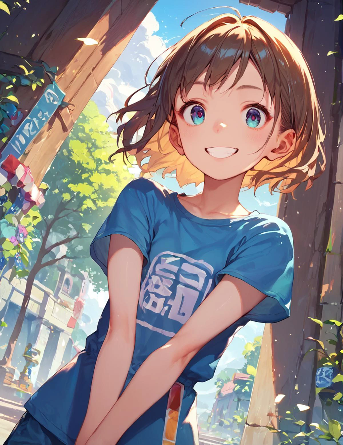 score_9, score_8_up, score_7_up, score_6_up, rating_safe, young,
masterpiece, best quality, absurdres, unity 8k wallpaper,
girl, looking at viewer, dutch angle,
highlight, shirt, short sleeve, summer, smile,
zPDXL