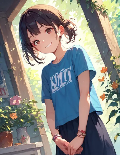 score_9, score_8_up, score_7_up, score_6_up, rating_safe, young,
masterpiece, best quality, absurdres, unity 8k wallpaper,
girl, looking at viewer, dutch angle,
highlight, shirt, short sleeve, summer, smile, 
zPDXL