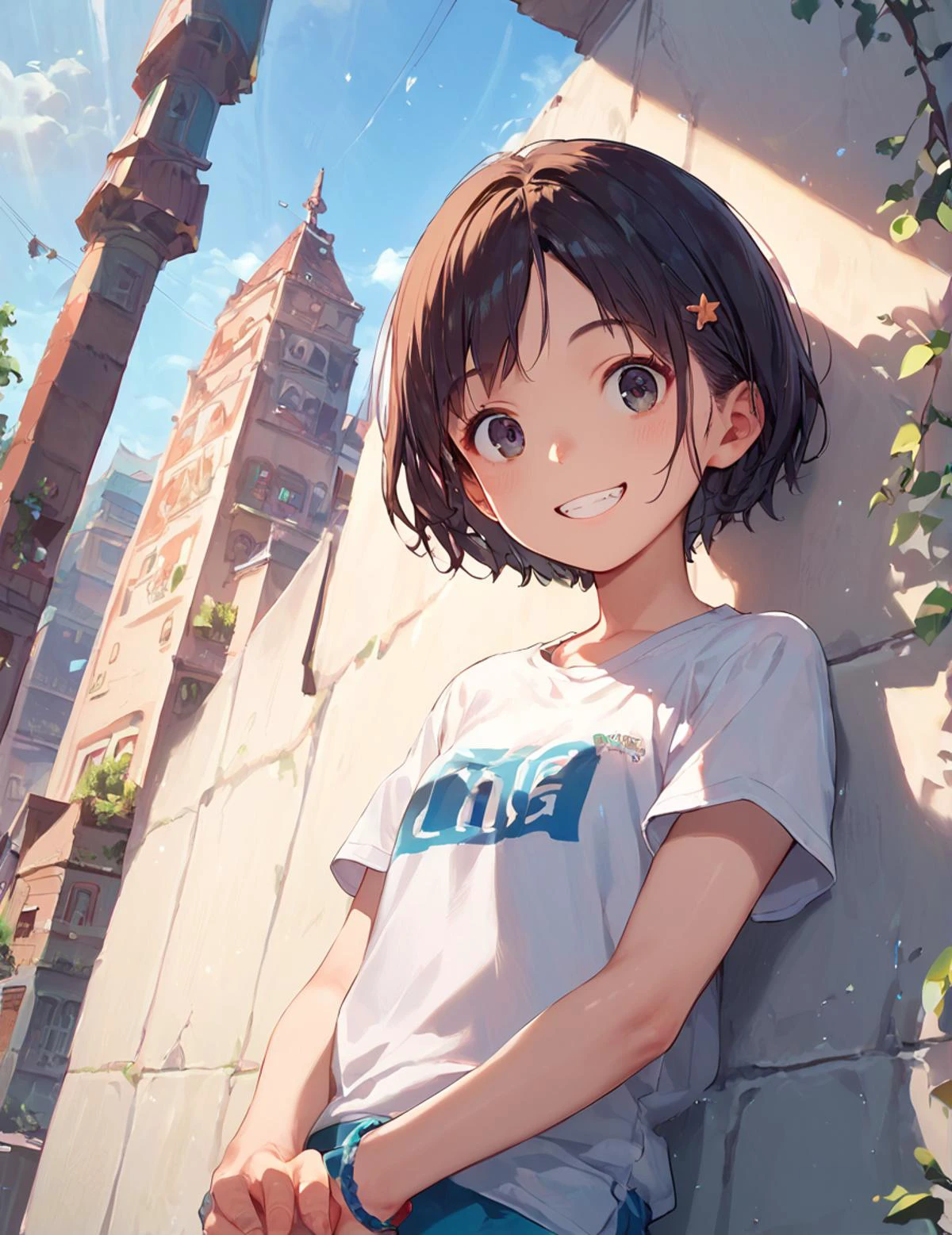 score_9, score_8_up, score_7_up, score_6_up, rating_safe, young,
masterpiece, best quality, absurdres, unity 8k wallpaper,
girl, looking at viewer, dutch angle,
highlight, shirt, short sleeve, summer, smile,
zPDXL