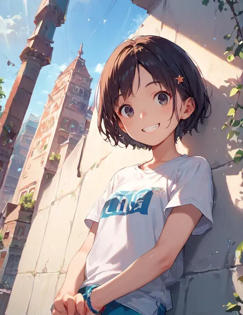 score_9, score_8_up, score_7_up, score_6_up, rating_safe, young,
masterpiece, best quality, absurdres, unity 8k wallpaper,
girl, looking at viewer, dutch angle,
highlight, shirt, short sleeve, summer, smile, 
zPDXL