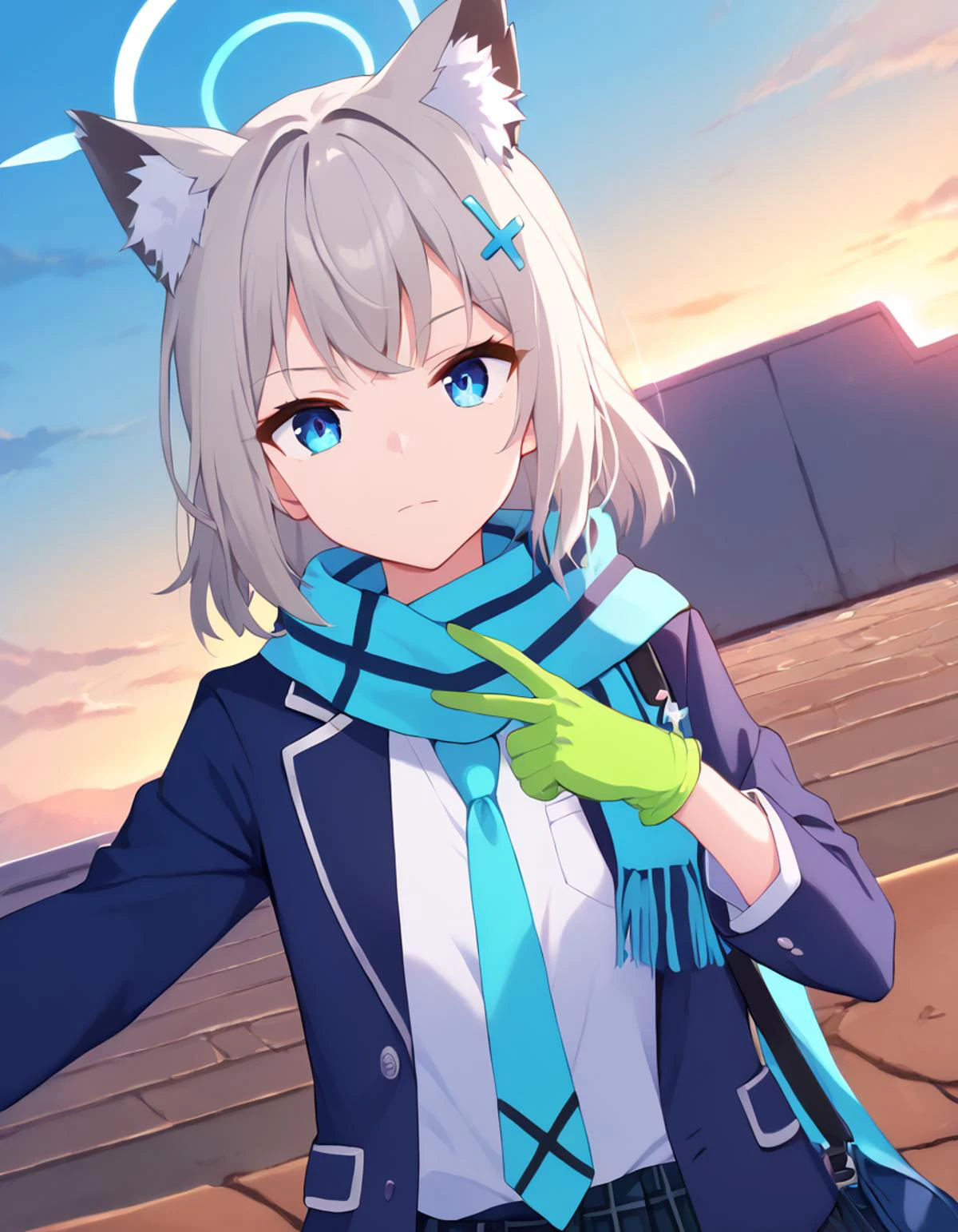 score_9, score_8_up, score_7_up, score_6_up, score_5_up, score_4_up,
gradient background,
refraction, caustics, rim lights, backlighting, bloom,
BREAK
1girl, solo, looking at viewer, ((upper body, dutch angle)), blue eyes, shirt, skirt, long sleeves, hair ornament, gloves, animal ears, jacket, school uniform, white shirt, grey hair, outdoors, pleated skirt, open clothes, necktie, sky, medium hair, cloud, bag, scarf, open jacket, halo, blue sky, animal ear fluff, gun, plaid, plaid skirt, wolf ears, blue jacket, blazer, extra ears, rifle, blue necktie, single glove, assault rifle, blue scarf, green gloves, cross hair ornament, mismatched pupils, sig sauer, bangs, closed mouth, day, ground vehicle, striped scarf
<lora:Blue_Archive-v1c-PDXL:1>
((((zPDXL))))