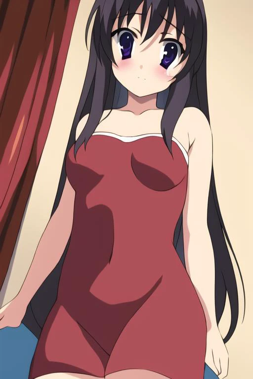 Akame (akame ga kill) anime art style, master piece, best quality,1girl,very long black hair, perfect face, expressive eyes, red eyes ,medium breasts ((nudes)), looking at me,sexy pose ,full body, background hotel room