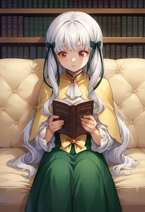 score_9, score_8_up, source_anime, 1girl, solo, SophiaAscart, long hair, hair ribbon, brooch, white ascot, green dress, yellow bow, long sleeves, yellow capelet, indoors, on couch, sitting, library, reading book, <lora:ChamSophiaAscartPonyXL:1>