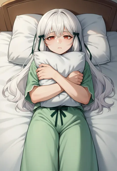 score_9, score_8_up, source_anime, 1girl, solo, SophiaAscart, white hair, long hair, green hair ribbon, on bed, sleepwear, pajamas, night, tired, on back, lying, pillow hug, pillow, <lora:ChamSophiaAscartPonyXL:1>