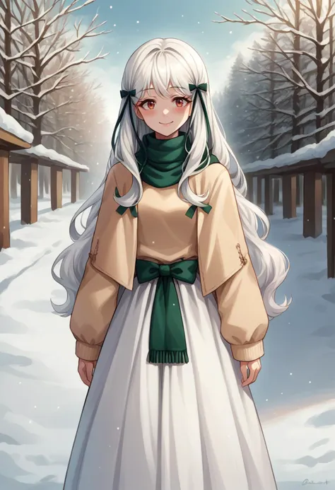 score_9, score_8_up, source_anime, 1girl, solo, SophiaAscart, white hair, long hair, green hair ribbon, turtleneck sweater, long skirt, outdoors, scarf, winter, smile, blush, <lora:ChamSophiaAscartPonyXL:1>