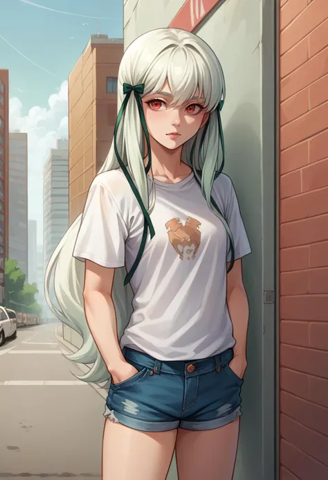 score_9, score_8_up, source_anime, 1girl, solo, SophiaAscart, white hair, long hair, green hair ribbon, t-shirt, denim shorts, standing, outdoors, city, hands in pockets, <lora:ChamSophiaAscartPonyXL:1>