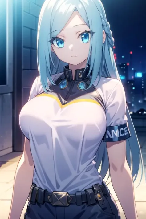 masterpiece, best quality, game cg, 1girl, solo, looking at viewer, upper body, depth of field, anime coloring, , <lora:olivia_servant:0.70>, olivia_servant, blue hair, blue eyes, long hair, policewoman costume, social science fiction, 16k resolution