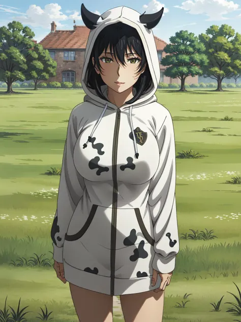 Woman, Black hair, short curly hair, golden eyes, caramel brown skin, cat ears, curvy figure, wearing all white jumpsuit with hood and open zipper, anime