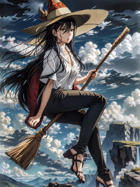 (masterpiece:1.2, best quality:1.1, highres,absurdres, high quality),(photorealistic:1.1),reflected light, colorful,ultra-detailed, ultra hd, super detailed,
akv2, witch hat,black pants, open shirt, collarbone, (((mountainous horizon))),( girl riding on a broom ), flying, looking at viewer, overcast, cloudy sky, barefoot,
<lora:Ayaka Kagari V2:0.8> <lora:LowRA:0.25> <lora:riding_a:0.4>