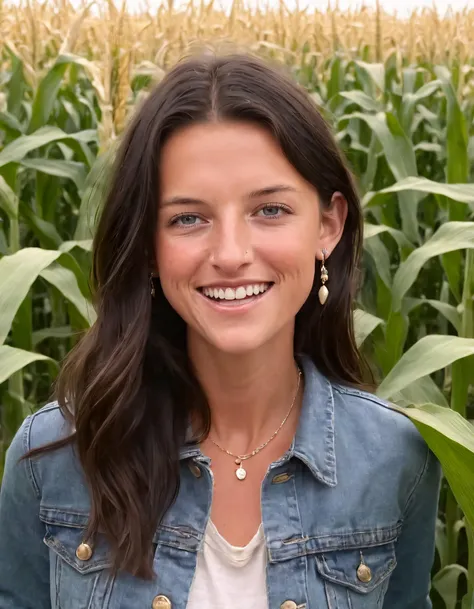 Natalie Zacek, clad in her jeans jacket and sporting a radiant smile, stood alone in the vast, corn-laden field; with long, black hair flowing gently as she gazed at the viewer while adorning subtle jewelry, accentuating her captivating presence. <lora:yzkwkt18e8ca043e4i59:1>
