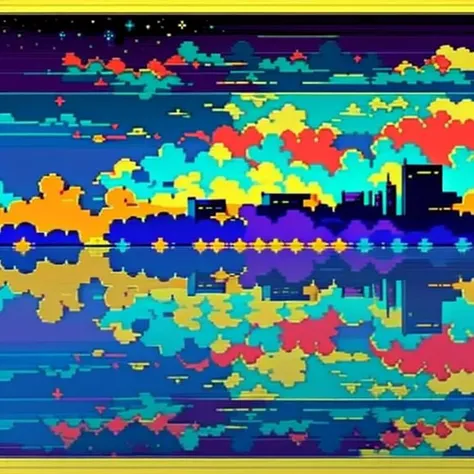 pixel art, cityscape, night, lake, colorful clouds, stars, buildings, peaceful,<lora:pixelart:1>