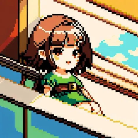 pixel art, illustration, young girl, windowsill,cartoonish and whimsical.<lora:pixelart:1>