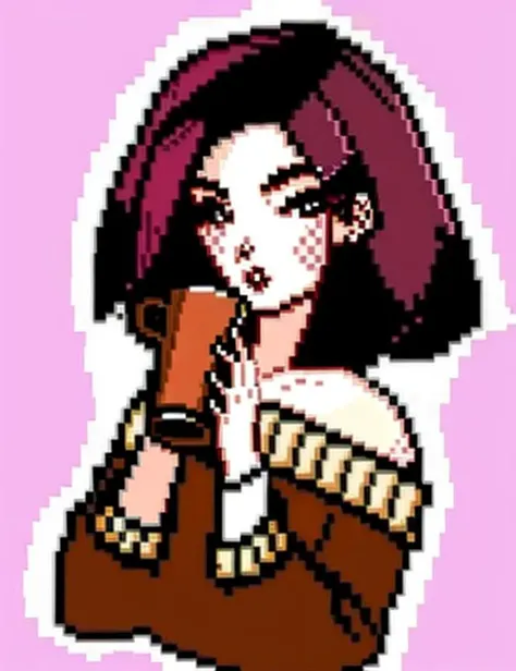 pixel art, illustration, woman, coffee, sweater, purple gradient,,<lora:pixelart:1>