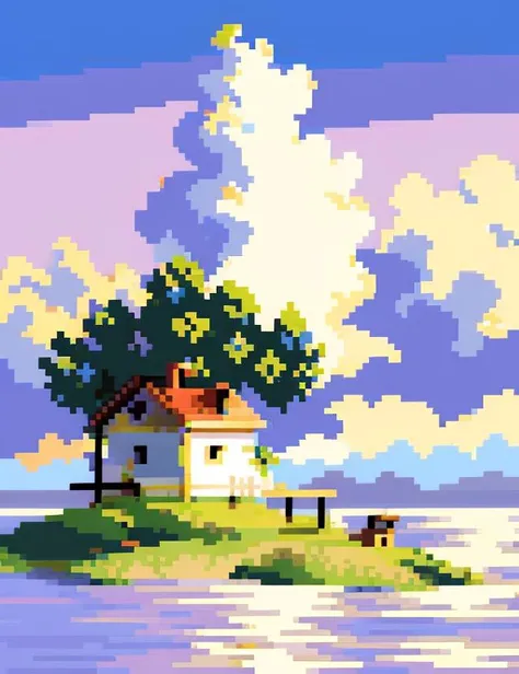 pixel art, house, island, water, tree, boat, sky, sunset, calm, pixelated. <lora:pixelart:1>