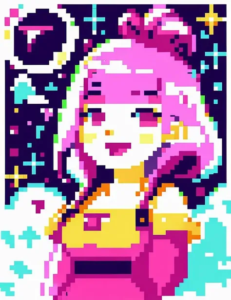 pixel art, young girl, night sky, stars, moon, yellow dress, pink hair, happy, content, whimsical, magical, dreamlike, retro, nostalgic, fun, playful <lora:pixelart:1>