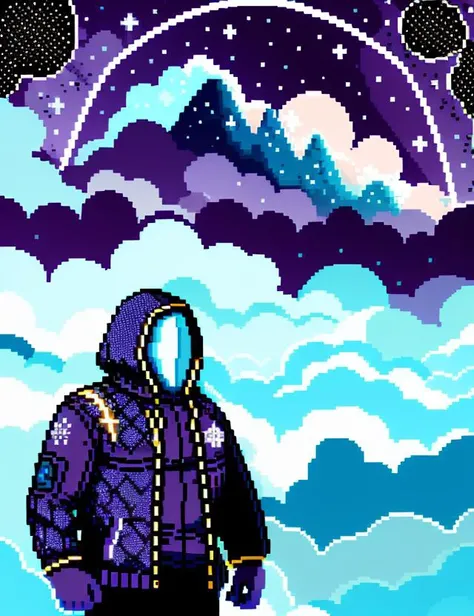 person, landscape, night sky, stars, full moon, hoodie, rocky outcropping, mountains, clouds, eerie, mysterious.<lora:pixelart:1>