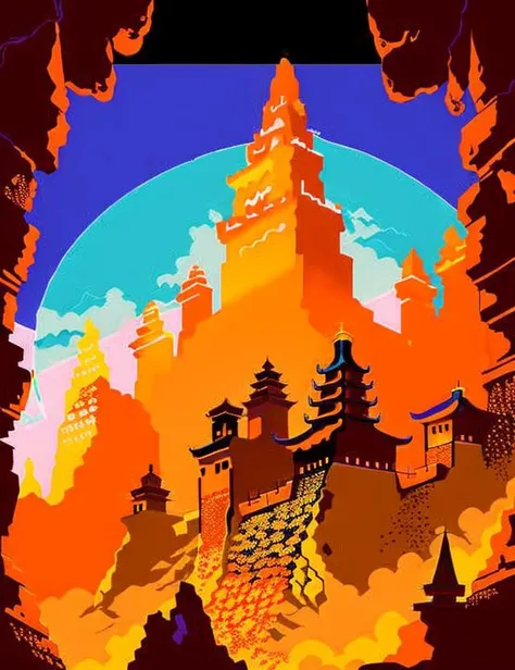 Mountain,Temple,Cliff,Sunset,Orange glow,Peaceful,Serene,Stone,Intricate carvings<lora:pixelart:1>