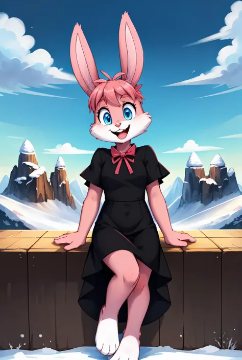 perfect hourglass body, looking at viewer, 
Babs, bunny, girl, blue eyes, mouth open, Pink eyelids, rabbit teeth, pink nose, pink body, pink head, pink ears, pink legs, white cheeks, white feet, white tail, erect ears,
(masterpiece:1.2), (highly detailed:1.2), (intricate:1.2), (best quality:1.2),
barren mountain, dark winter clouds, cinematic light  <lora:BabsBunny_2D_v3:0.8> (AS-Adult:1.2) <lora:wh1t3b0w:0.7> wh1t3b0w, black dress, white bow