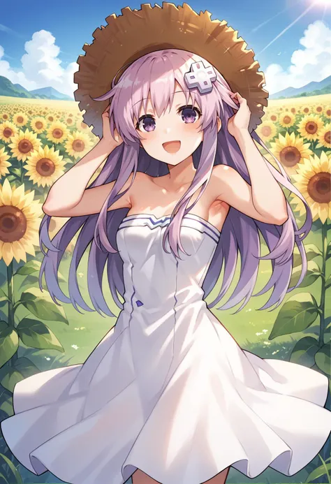 score_9, score_8_up, score_7_up, score_6_up, score_5_up, score_4_up, source_anime, outdoors, sunflower field, 
(masterpiece, best quality), fcDetailPortrait, solo, 1girl, nepgear, d-pad hair ornament,
white dress, strapless, bare shoulders, straw hat,
looking at viewer, smile, blush, open mouth, 
hands on own head, 