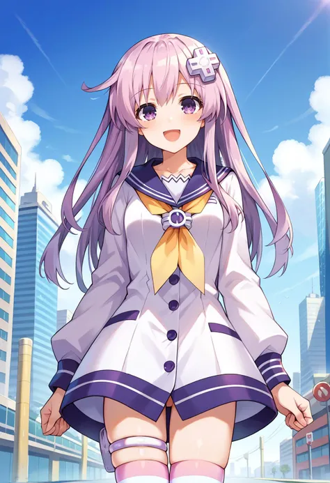 score_9, score_8_up, score_7_up, score_6_up, score_5_up, score_4_up, source_anime, outdoors, science fiction, city,
(masterpiece, best quality), fcDetailPortrait, solo, 1girl, nepgear, d-pad hair ornament,
sailor dress, yellow neckherchief, long sleeves, thigh strap, striped thighhighs,
looking at viewer, smile, blush, open mouth, 
dutch angle,