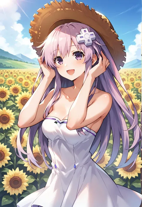 score_9, score_8_up, score_7_up, score_6_up, score_5_up, score_4_up, source_anime, outdoors, sunflower field, 
(masterpiece, best quality), fcDetailPortrait, solo, 1girl, nepgear, d-pad hair ornament,
white dress, strapless, bare shoulders, straw hat,
looking at viewer, smile, blush, open mouth, 
hands on own head, 