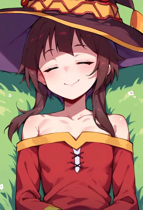 score_9, score_8_up, score_7_up, score_6_up, source anime, BREAK
<lora:konosuba_megumin:0.8> nimugempnxl, megumin, 1girl, solo, short hair with long locks, small breasts, upper body,
off shoulder dress, witch hat, on grass, outdoors, sleeping, snoring, smile