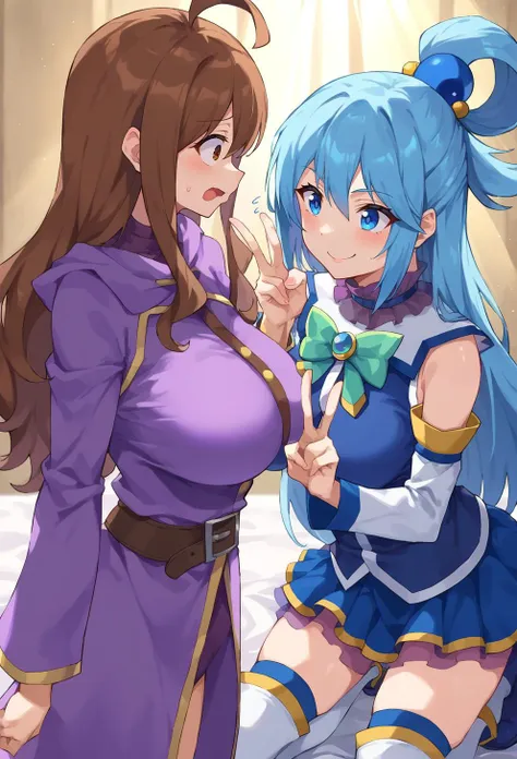 score_9, score_8_up, score_7_up, score_6_up, source anime, BREAK <lora:konosuba_multiple_merge:1> 2girls, multiple girls, light beam,
2girls, wiz \(konosuba\), brown hair, brown eyes, long hair, large breasts, purple robe, :o, sweatdrop, @ @,
2girls, auqapnxl, aqua \(konosuba\), blue hair, v, kneeling, blue eyes, evil smile, god rays,