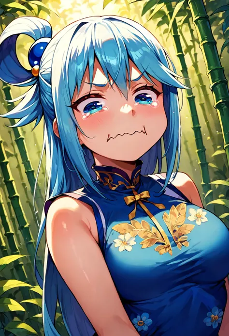 score_9, score_8_up, score_7_up, score_6_up, source anime, bamboo forest, 1girl, auqapnxl, aqua \(konosuba\), 1girl, solo, blue hair, blue eyes, (china dress: 1.2), blue clothes, floral pattern, aquacrying, wavy mouth, closed mouth, tearing up <lora:konosuba_multiple_merge:1> <lora:concept_aquacrying_ponyXL:0.8>