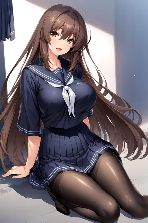 (masterpiece),(best quality),(ultra-detailed),(best illustration),(best shadow),(absurdres),(detailed background),(very aesthetic), marina katsuragi, schooluni, 1girl, solo, large breasts, long hair, brown hair, pantyhose, school uniform, skirt, open mouth, smile, black pantyhose, serafuku, white background, simple background, looking at viewer, pleated skirt, smile,  <lora:MarinaKatsuragi-09:1>