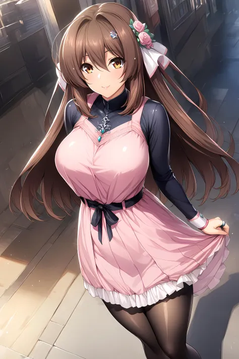 (masterpiece),(best quality),(ultra-detailed),(best illustration),(best shadow),(absurdres),(detailed background),(very aesthetic), marina katsuragi, casualoutfit, 1girl, solo, long hair, brown hair, large breasts, pantyhose, jewelry, dress, ring, hair ornament, looking at viewer, brown eyes, black pantyhose, pink dress, wet market background, smile <lora:MarinaKatsuragi-09:1>