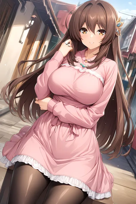 (masterpiece),(best quality),(ultra-detailed),(best illustration),(best shadow),(absurdres),(detailed background),(very aesthetic), marina katsuragi, casualoutfit, 1girl, solo, long hair, brown hair, large breasts, pantyhose, jewelry, dress, ring, hair ornament, looking at viewer, brown eyes, black pantyhose, pink dress, wet market background, smile <lora:MarinaKatsuragi-09:1>