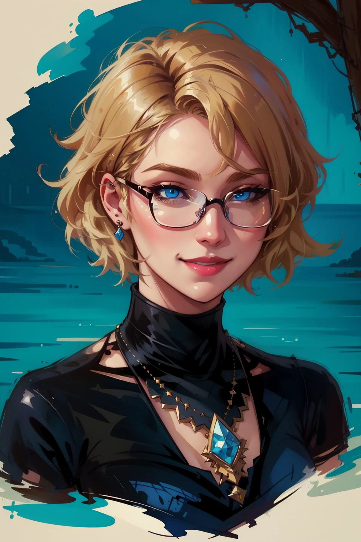 highest quality, highest quality visuals, highest details,, <lora:Lord AK Style - V1:0.75> lord_ak_style, popart, colorful, retro, <lora:SNES Final Fantasy 6 Portraits - V1:0.25> final_fantasy_6_portrait, snes, high resolution, digital art, artistic representation in heavy ink and water colors, 1girl, smile, lips, breasts, medium length hair, cleavage, jewelry, necklace, hair over one eye, shirt, blue eyes, glasses, piercing, blonde hair