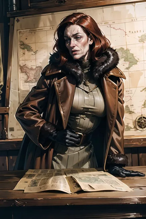 (low angle) freckles <lora:age_slider_v20:2>, <lora:weight_slider_v2:0.5> , woman wearing m1nkc0at, coat, fur coat, mink coat, dark brown mink coat, dark brown fur coat, red hair BREAK <lora:m1nkc0at:0.5>, ((standing and leaning over a military map lying on a big wooden desk)) , 
steampunk, dystopian, [winter, snow],
<lora:perfect hands:1> ,