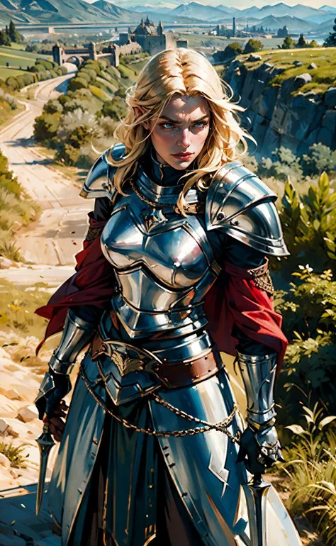 1girl, shiny ornate armor, fantasy world, lord of the rings, knight, laurels, olive leaf, shoulder guard, arm guard, leather, chainmail, crusader, holding a sword, blonde, slicked back hair, cinematic still, amazing, best quality, ultra 4k, dirt, motion blur, war, extremely detailed, stare, frown, rage, professional illustration, cape, armies, catapult, running forward, from above, chain, background battlefield, horizon, armies, depth of view, depth of field