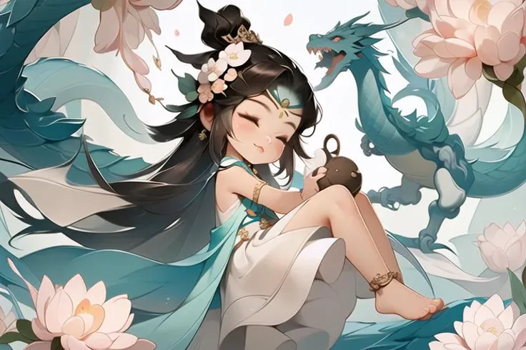 1girl,long hair,hair ornament,dress,black hair,closed eyes,bare legs,white dress,dragon,flower,forehead mark,green dress,barefoot,anklet,chinese clothes,brown hair,<lora:mmm:0.8>,
