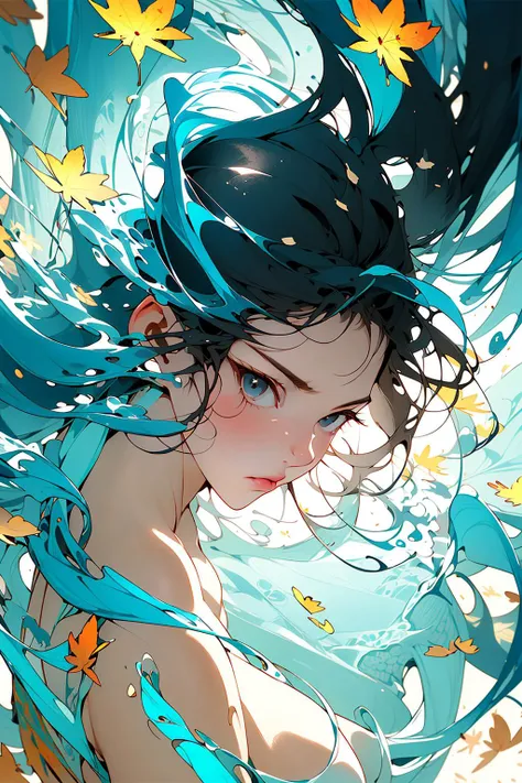 A beautiful woman, water, wet, splash, liquid, Sunlight, sky, 蓝sky, cloud, nature, nature環境, (character focus:1.1), Clear focus, Practical, Very detailed, Super detailed, best quality, best quality, Practical lighting, Ultra Detailed, Surrealism,