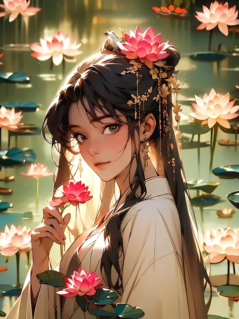zanhua, Best quality, masterpiece, 1 girl, holding flower, red flower on head, wearing hanfu, in red and white, looking at viewer, bird, flower, black hair, ((lotus)), solo, hair ornament, water, reflection, daylight, cinematic light,