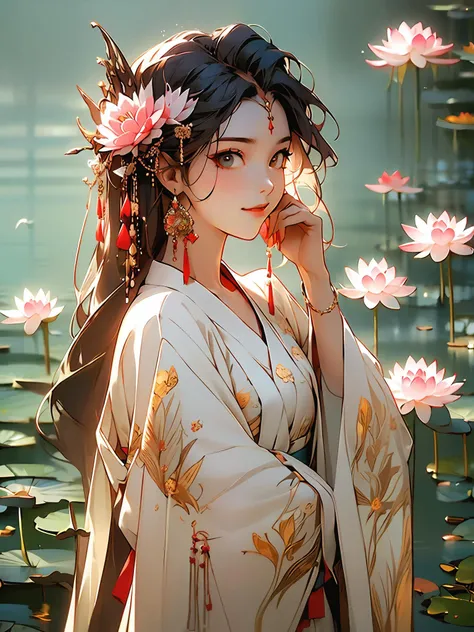 zanhua, Best quality, masterpiece, 1 girl, holding flower, red flower on head, wearing hanfu, in red and white, looking at viewer, bird, flower, black hair, ((lotus)), solo, hair ornament, water, reflection, daylight, cinematic light,