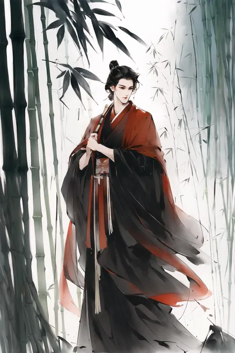 masterpiece,(masterpiece, top quality, best quality),Chinese clothing,outdoors, male, red cape, black robe, looking at viewer, bamboo forest, <lora:泼墨中国画风格_V1.0:0.6>