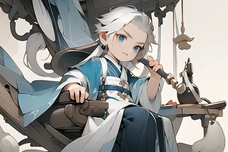 1boy, male focus, white hair, solo, scroll, long hair, blue eyes, full body,<lora:mmm:0.8>,
